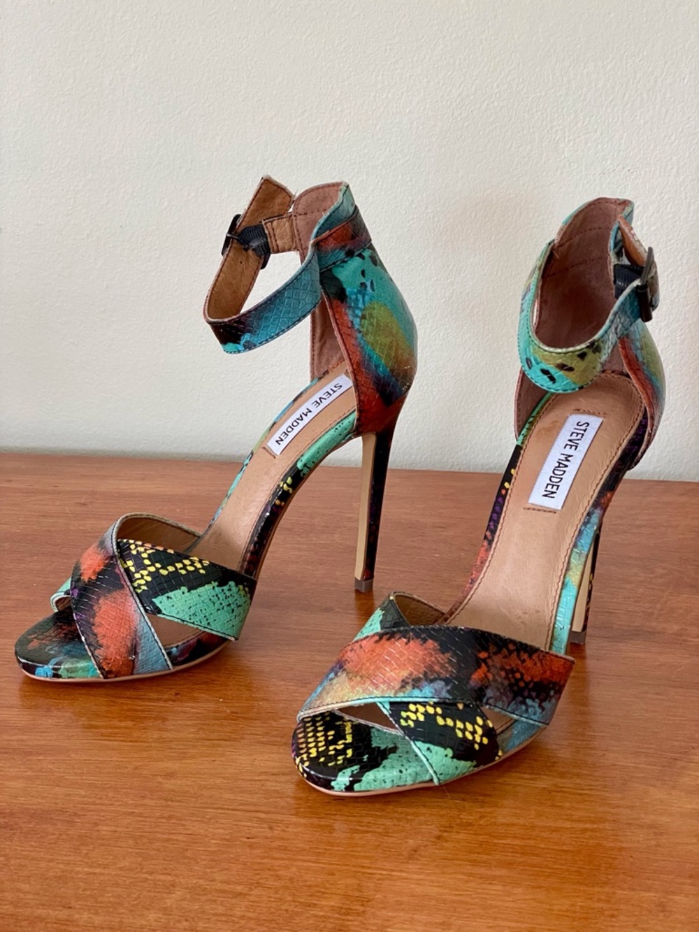 Steve Madden Vibrant Multi Color Snakeskin Heels - Strappy Open Toe Stiletto 7.5